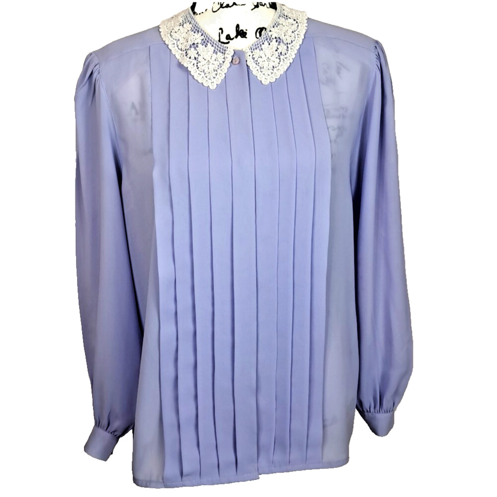 Vintage Lace Collar Sheer Pleated Hidden Button Top Size 12 Purple Cottagecore